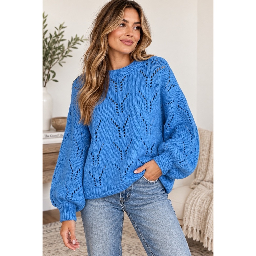 J.O.A. Blue Pointelle Open Knit Sweater Small Balloon Sleeve Boho Oversized